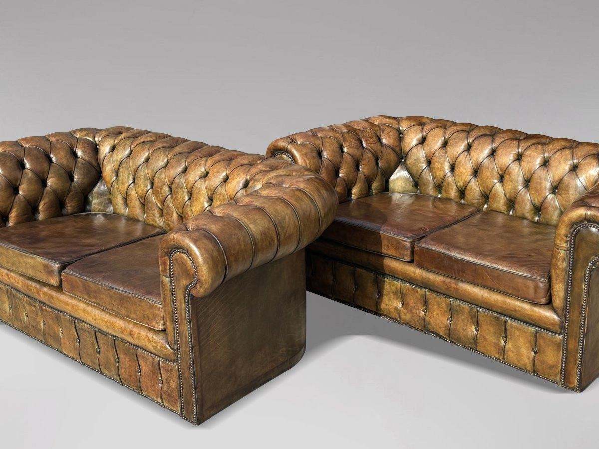 Paire de Canapés Chesterfield 2 Places en Cuir Vert du Début du 20ème Siècle-photo-4