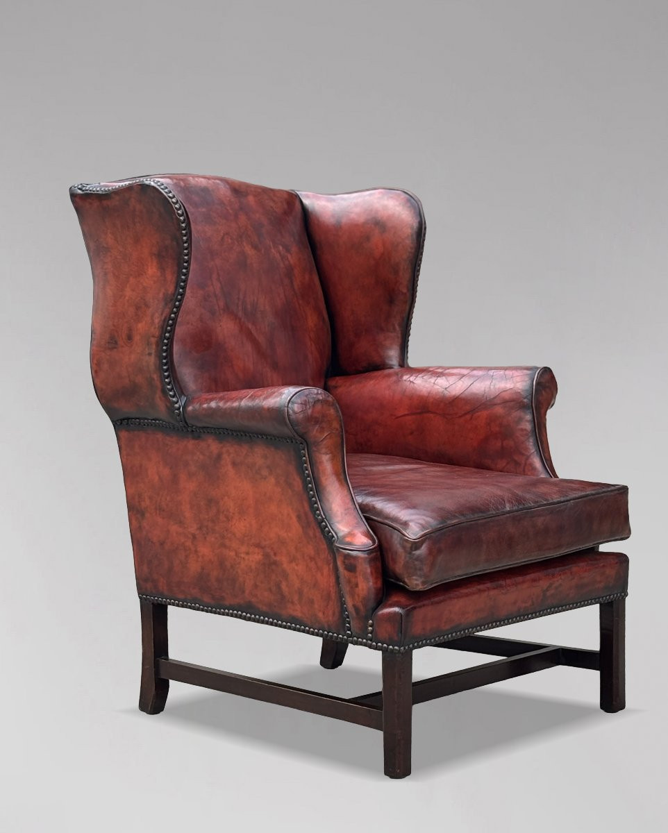 18ème Siècle, Fauteuil à Oreilles en Cuir Bordeaux d'Époque George III-photo-2
