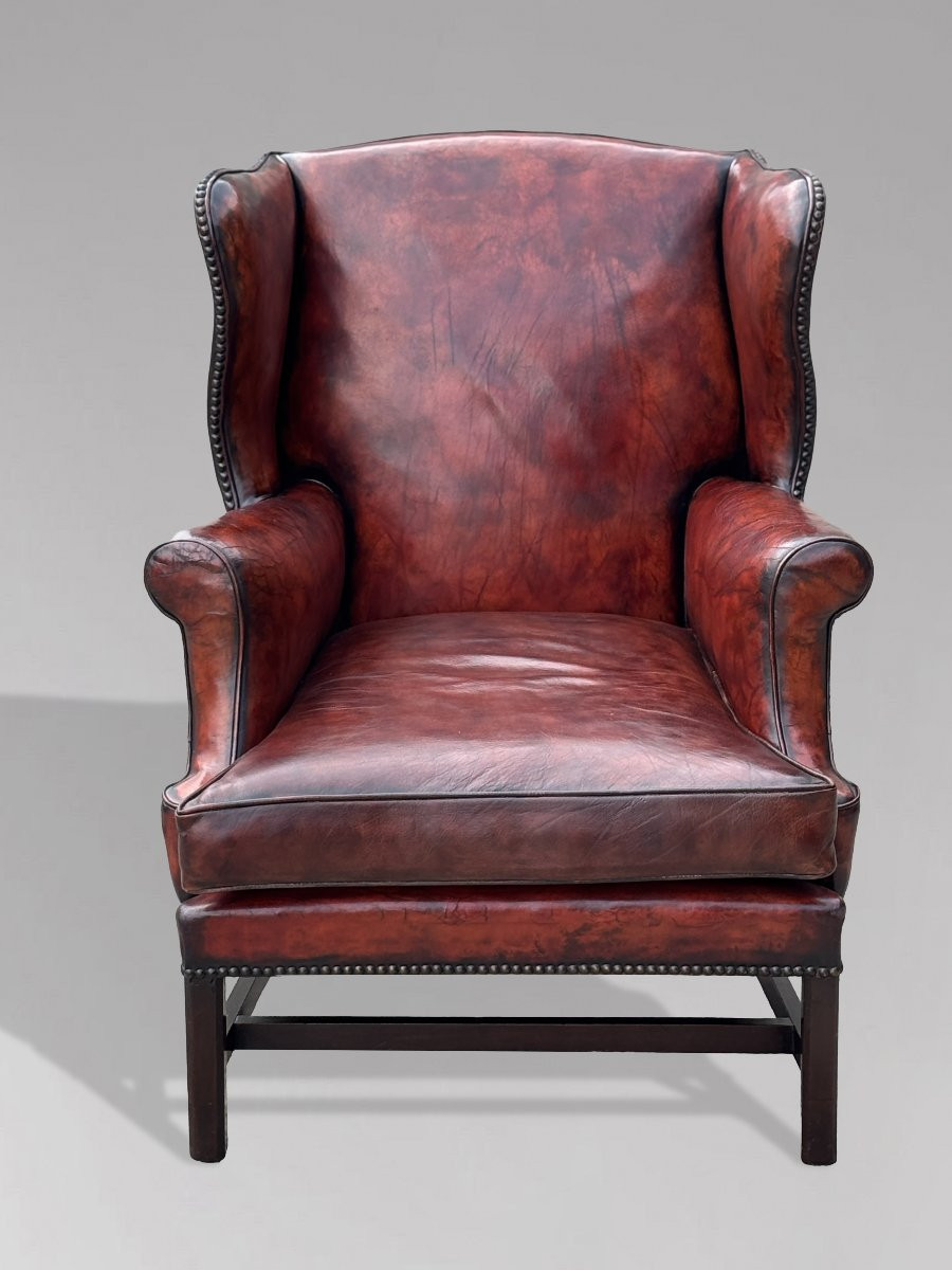 18ème Siècle, Fauteuil à Oreilles en Cuir Bordeaux d'Époque George III-photo-1