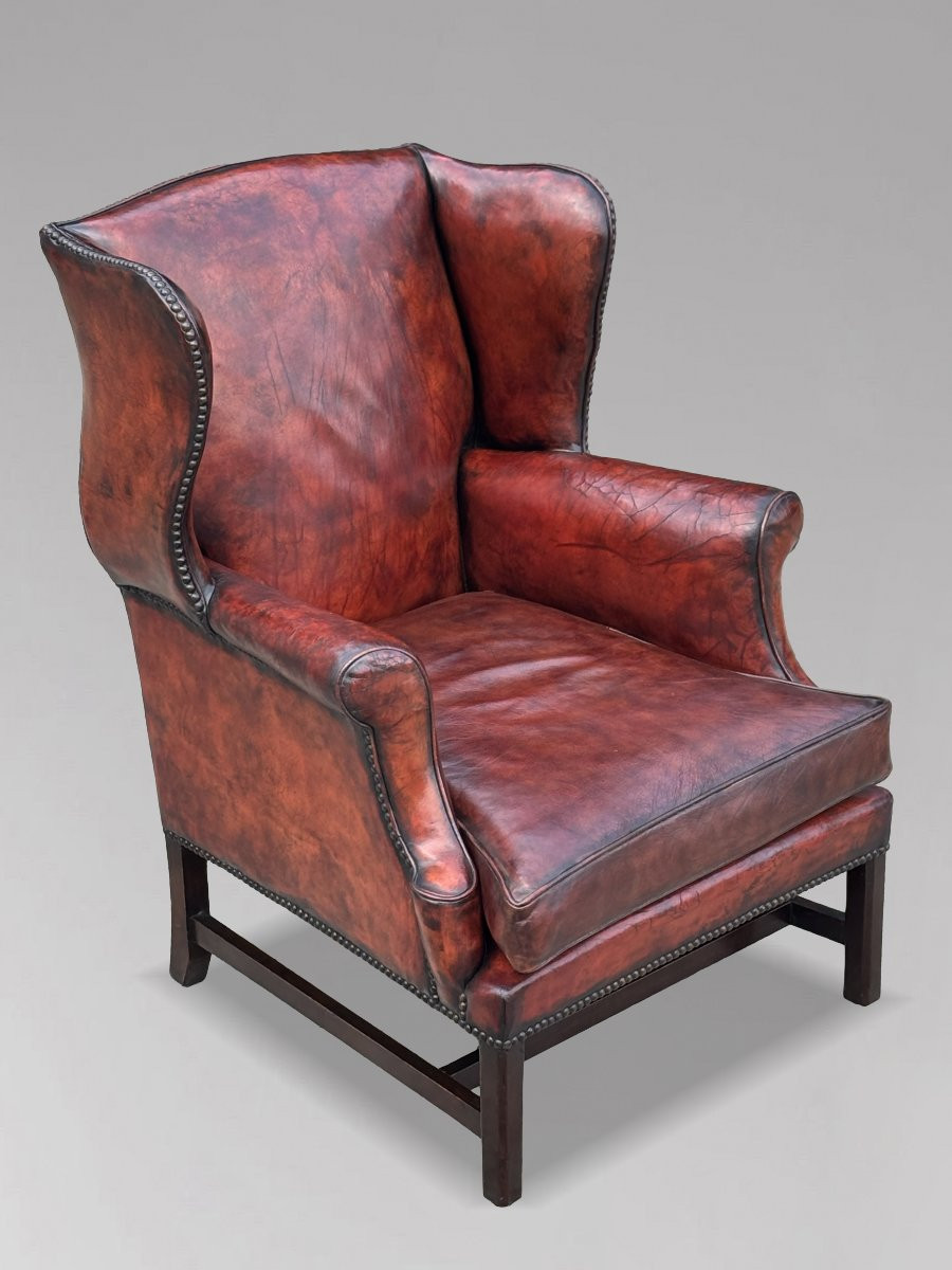 18ème Siècle, Fauteuil à Oreilles en Cuir Bordeaux d'Époque George III-photo-2
