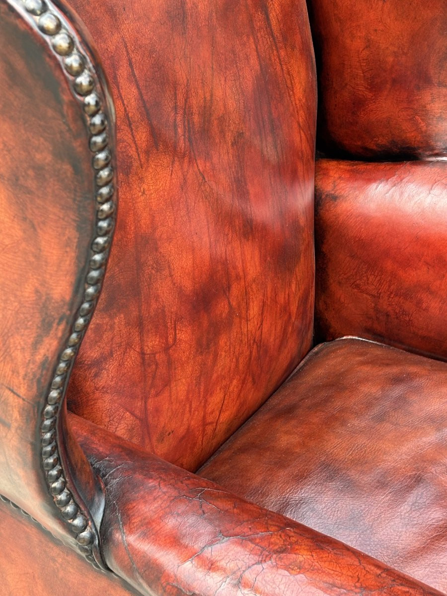 18ème Siècle, Fauteuil à Oreilles en Cuir Bordeaux d'Époque George III-photo-3