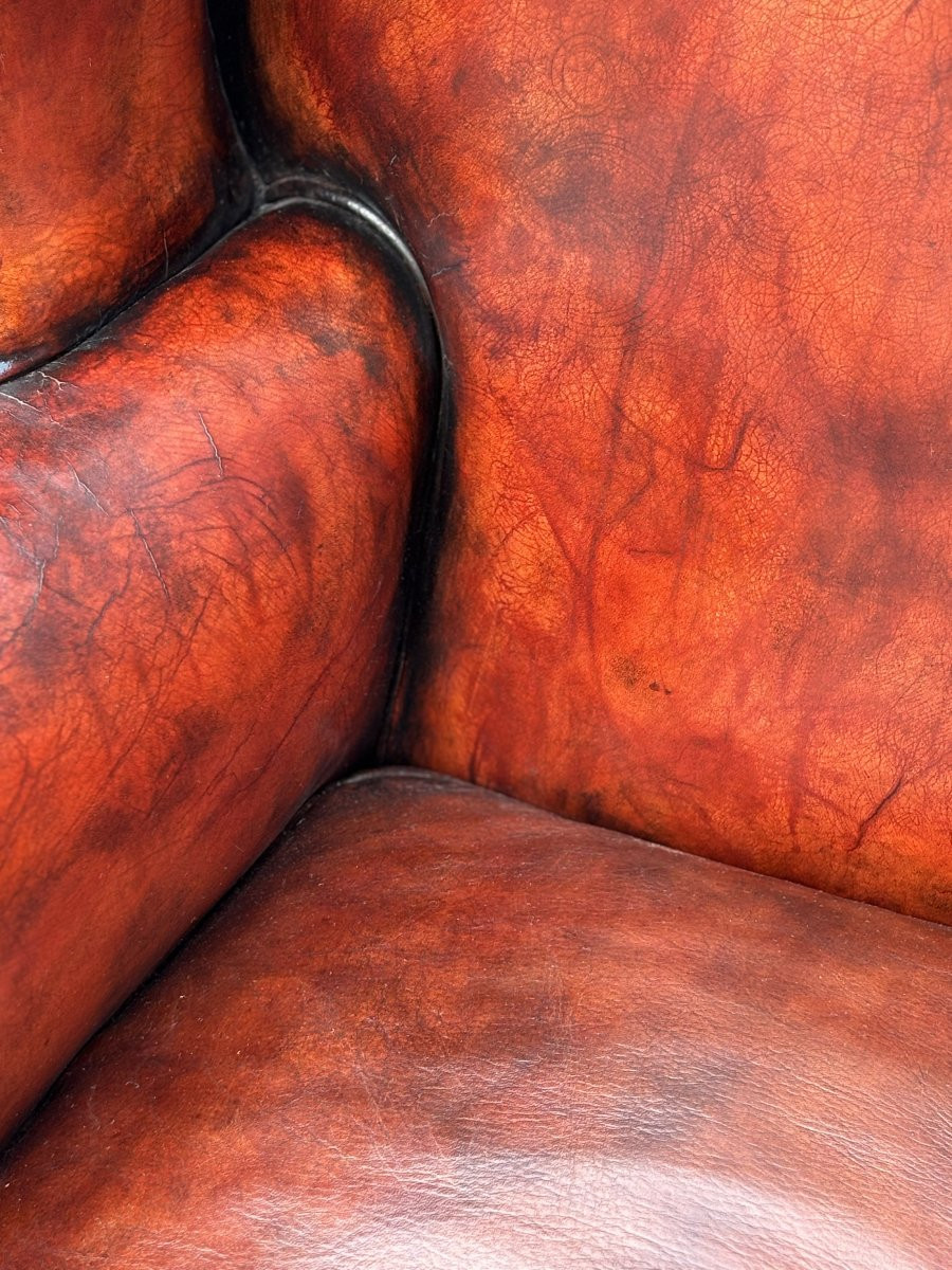 18ème Siècle, Fauteuil à Oreilles en Cuir Bordeaux d'Époque George III-photo-4