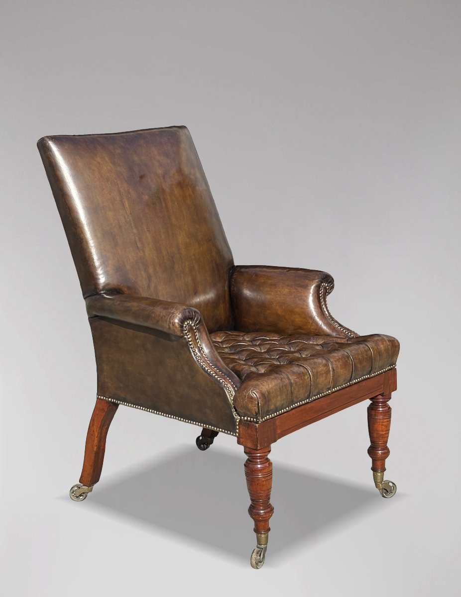 Large 19th Century William IV Period Green Leather Mahogany Armchair-photo-2