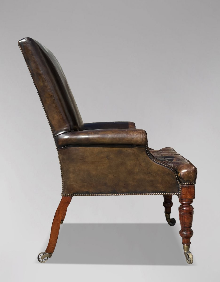 Large 19th Century William IV Period Green Leather Mahogany Armchair-photo-2