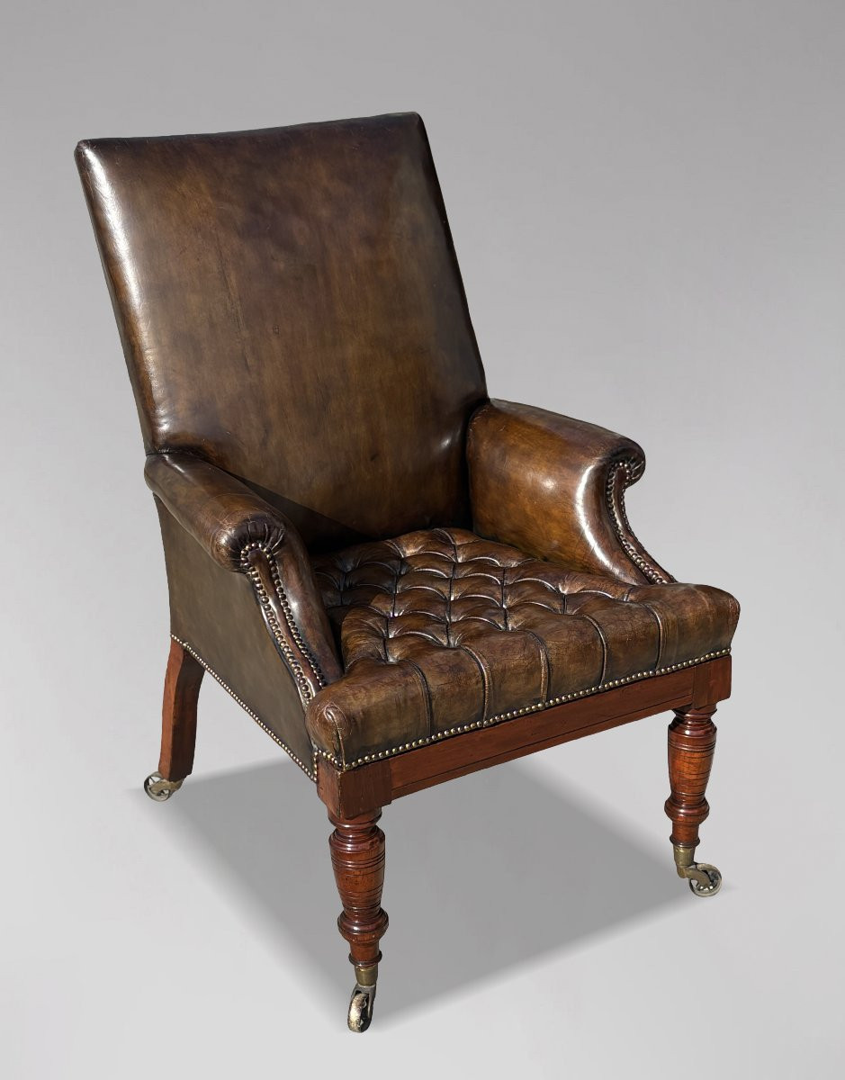 Large 19th Century William IV Period Green Leather Mahogany Armchair-photo-3