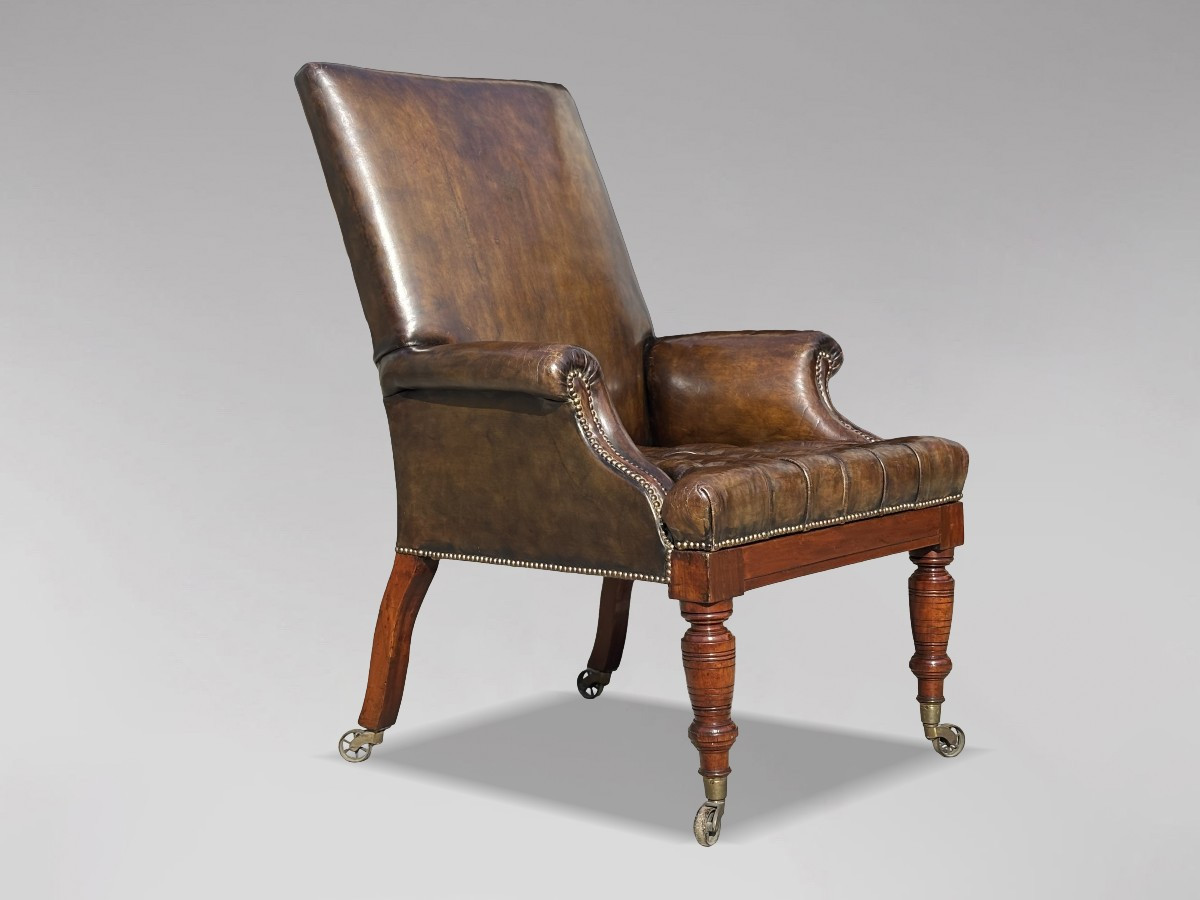 Large 19th Century William IV Period Green Leather Mahogany Armchair