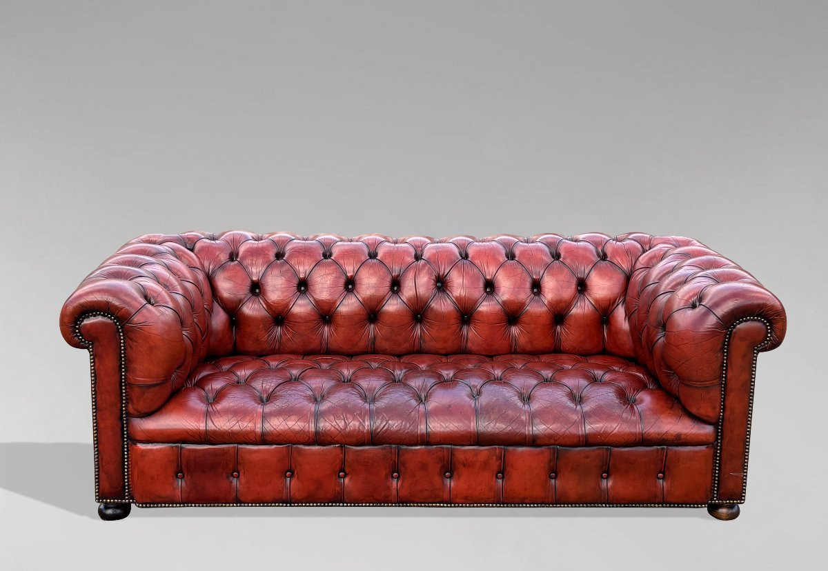 Early 20th Century Red Leather 3-seater Chesterfield-photo-2