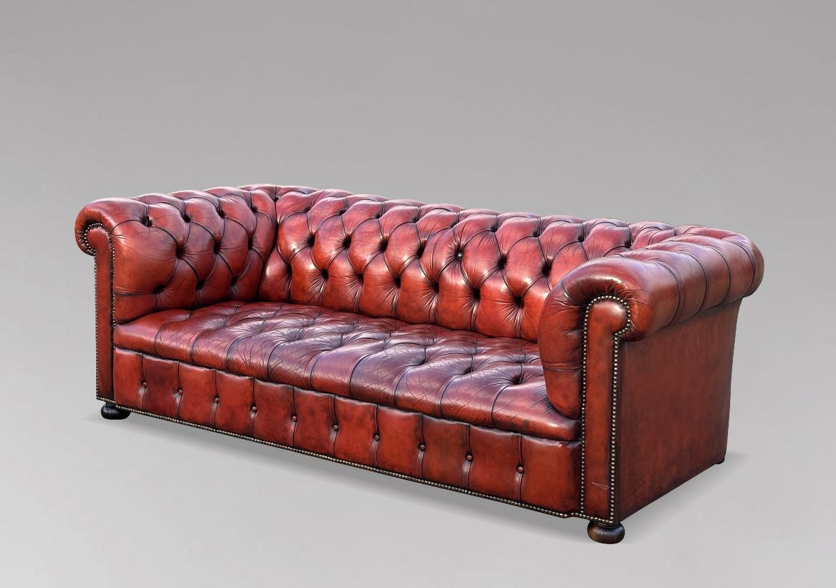 Early 20th Century Red Leather 3-seater Chesterfield-photo-2