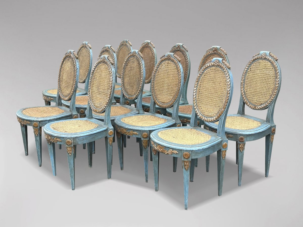 19th Century Set Of 12 Louis XVI Painted Caned Dining Chairs-photo-2
