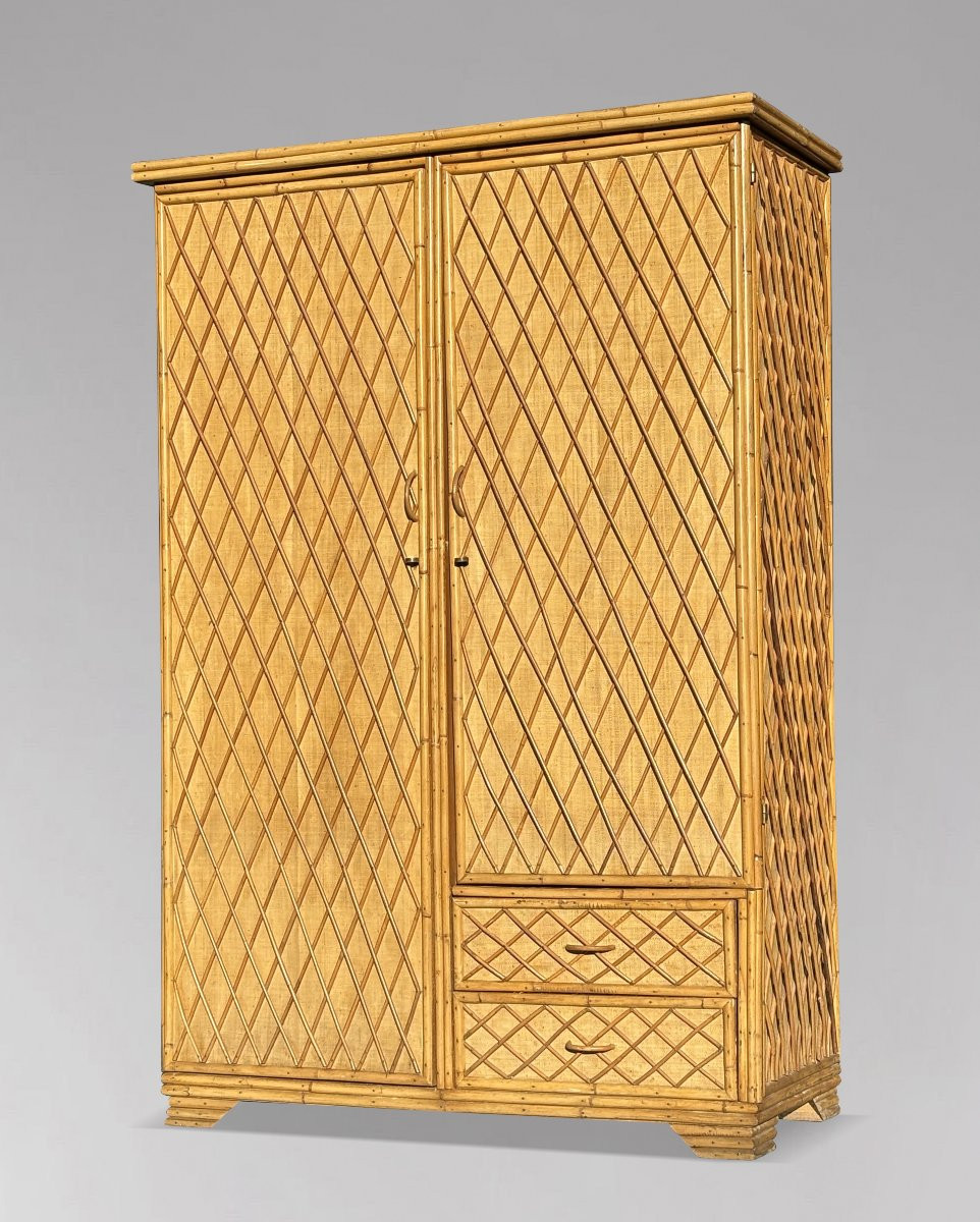 1970's French Riviera Bamboo & Wicker Wardrobe-photo-2