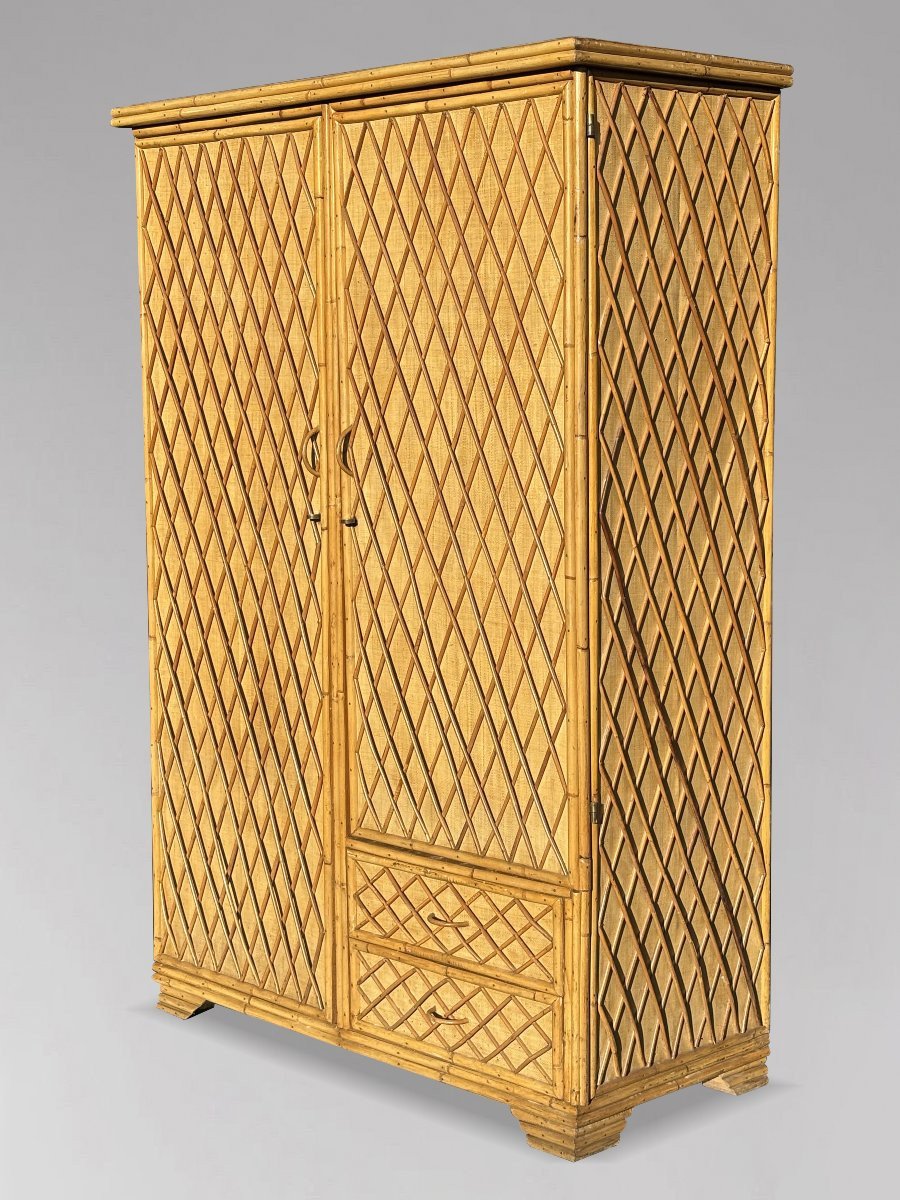 1970's French Riviera Bamboo & Wicker Wardrobe-photo-4