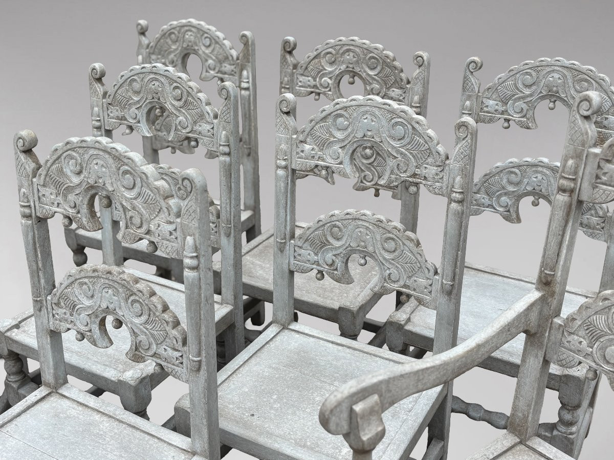 Set Of 8 Carved Oak Painted Yorkshire Dining Chairs-photo-3