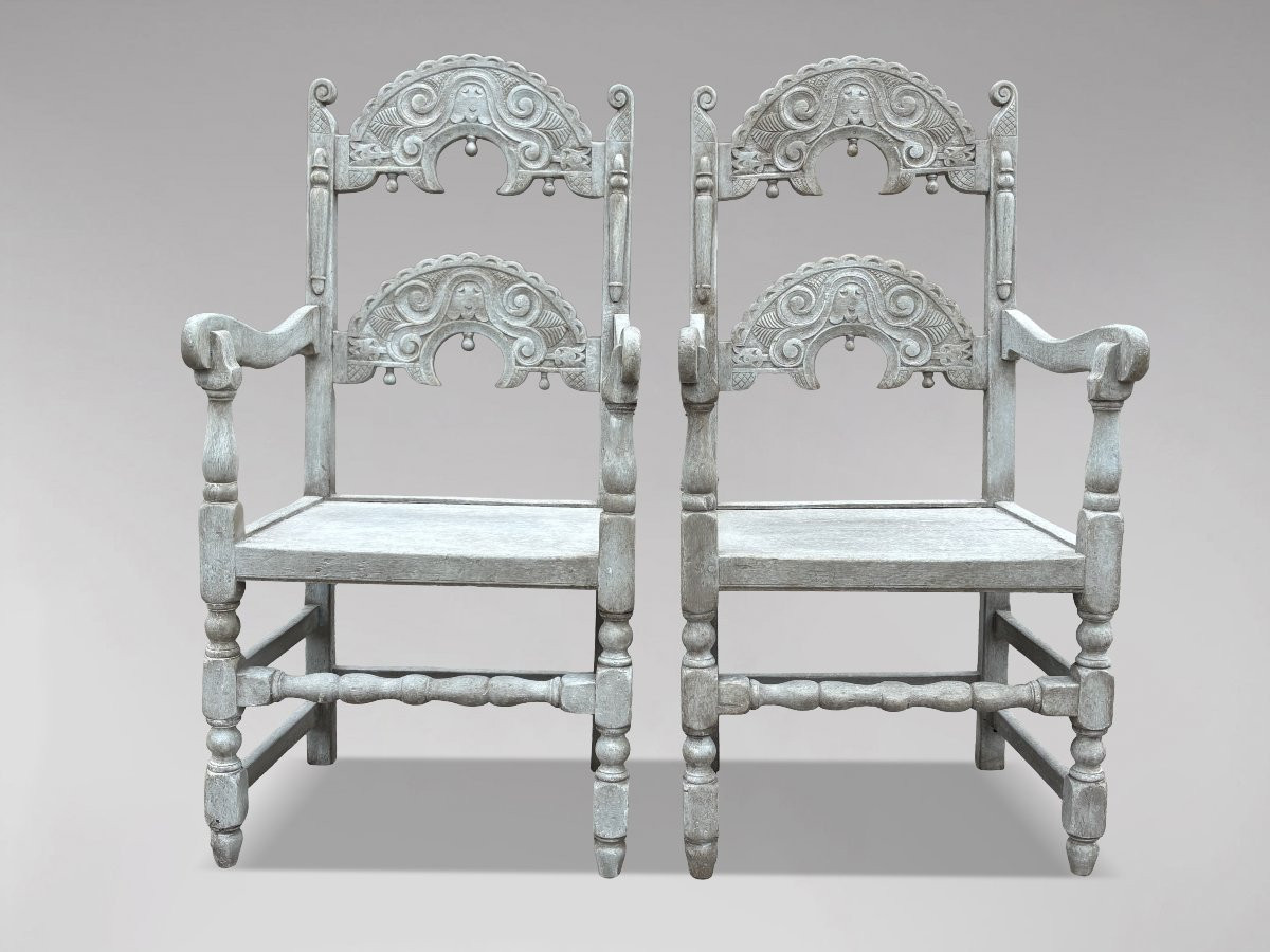 Set Of 8 Carved Oak Painted Yorkshire Dining Chairs-photo-1