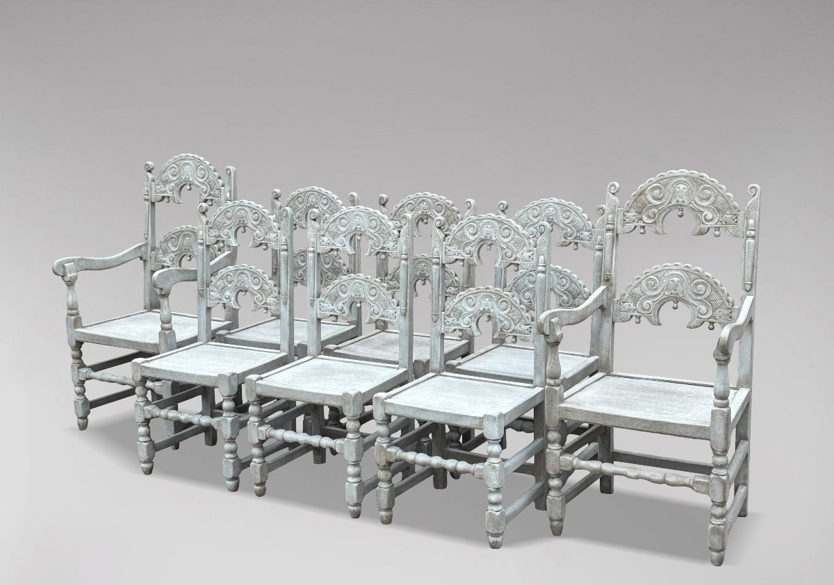 Set Of 8 Carved Oak Painted Yorkshire Dining Chairs