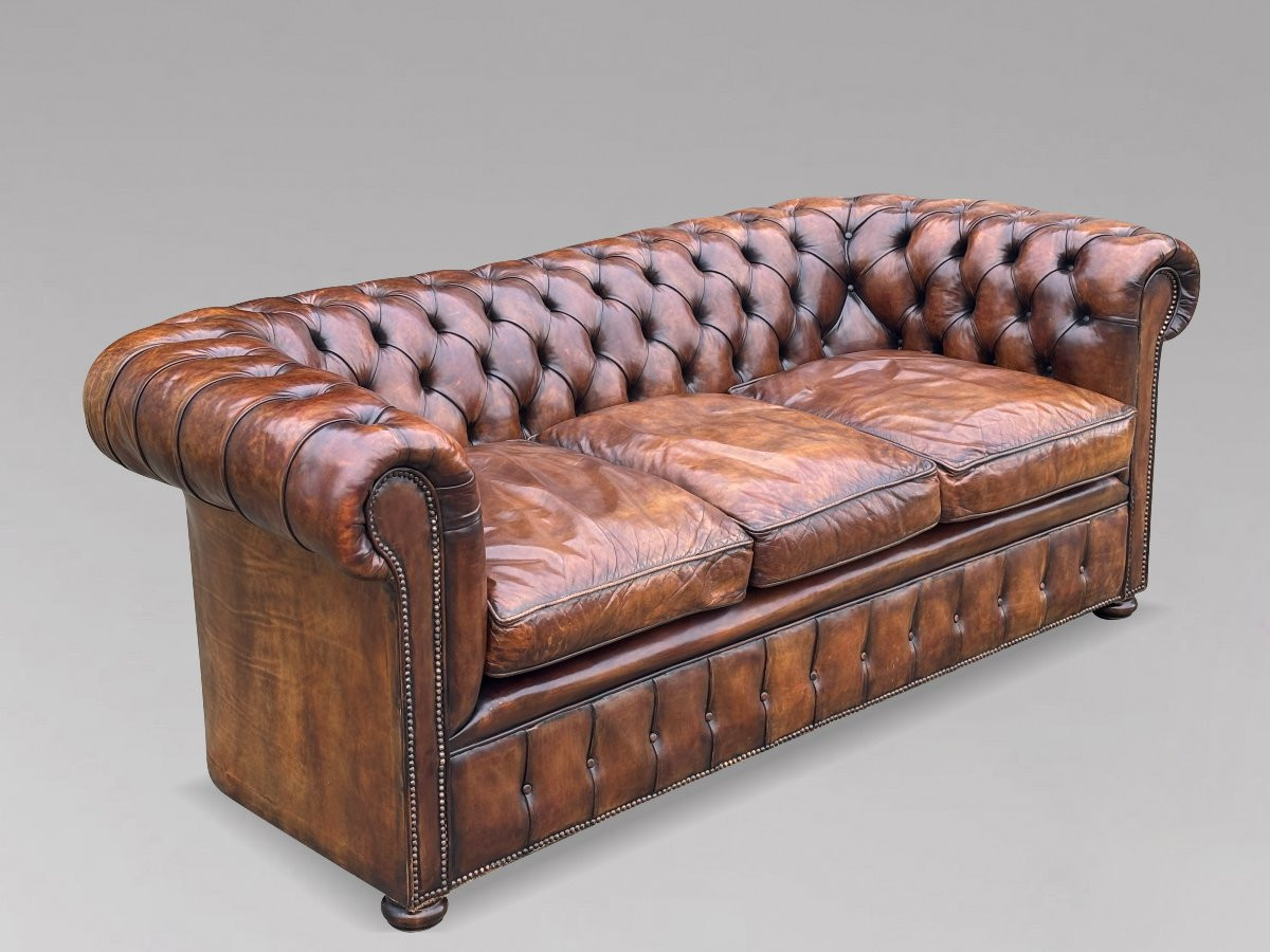 19ème Siècle, Canapé Chesterfield en Cuir Marron, Période Victorienne-photo-3