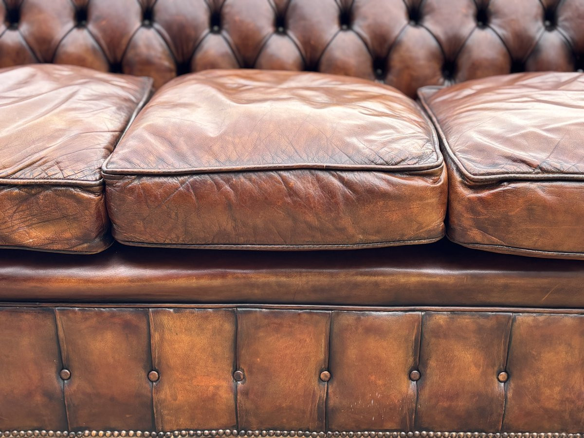 19ème Siècle, Canapé Chesterfield en Cuir Marron, Période Victorienne-photo-1