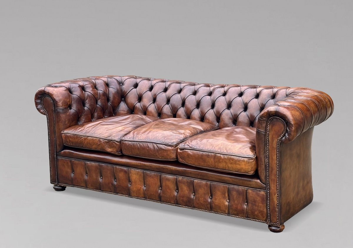 19ème Siècle, Canapé Chesterfield en Cuir Marron, Période Victorienne-photo-7