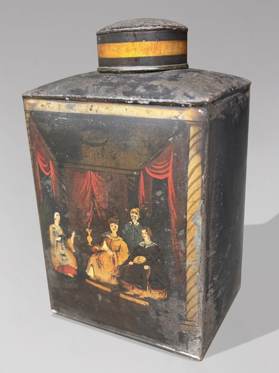 Set Of 3 William IV Period Painted Toleware Shop Tea Canisters-photo-2