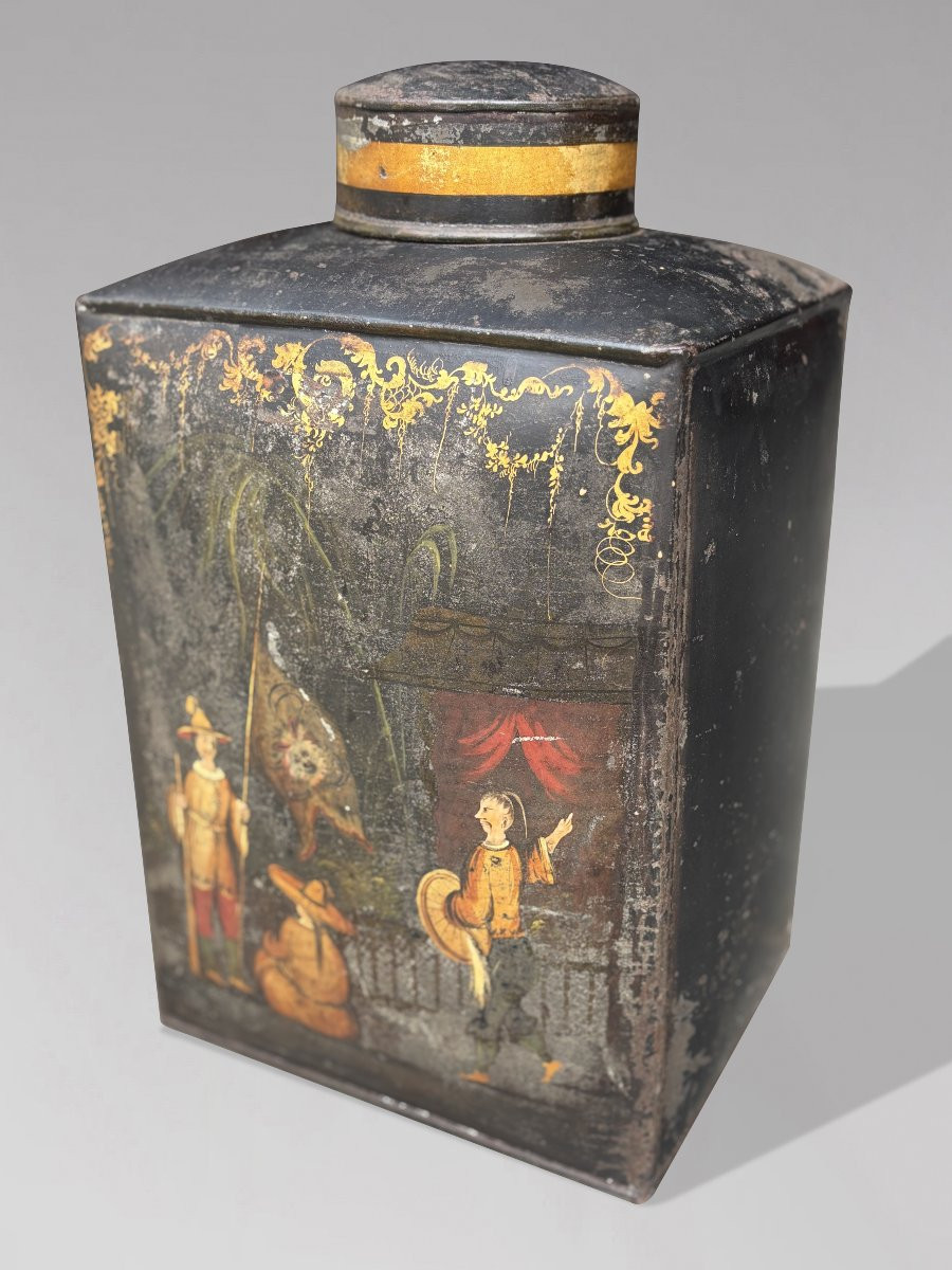 Set Of 3 William IV Period Painted Toleware Shop Tea Canisters-photo-3