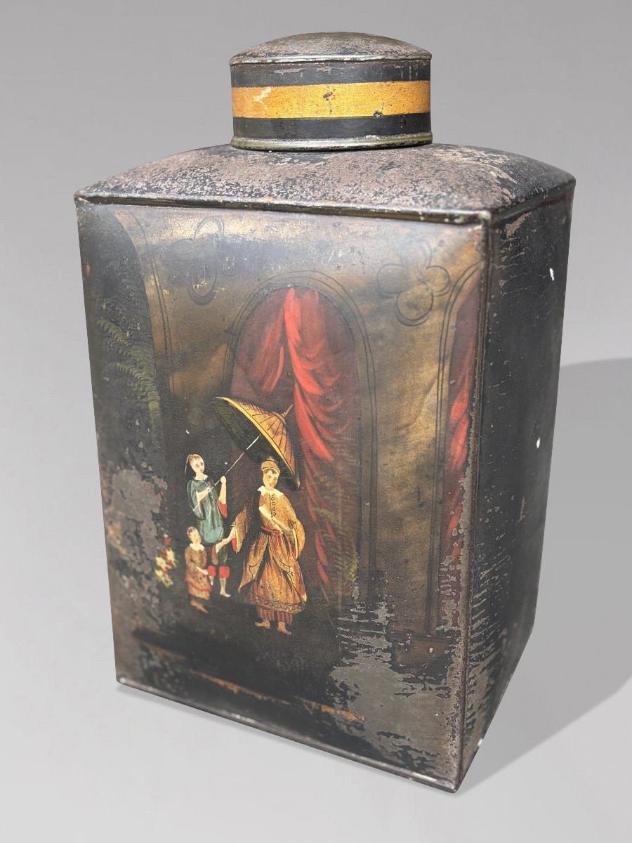 Set Of 3 William IV Period Painted Toleware Shop Tea Canisters-photo-4