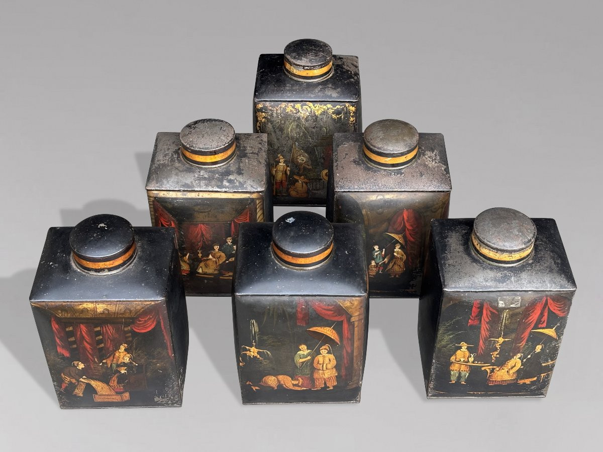 Set Of 3 William IV Period Painted Toleware Shop Tea Canisters-photo-1