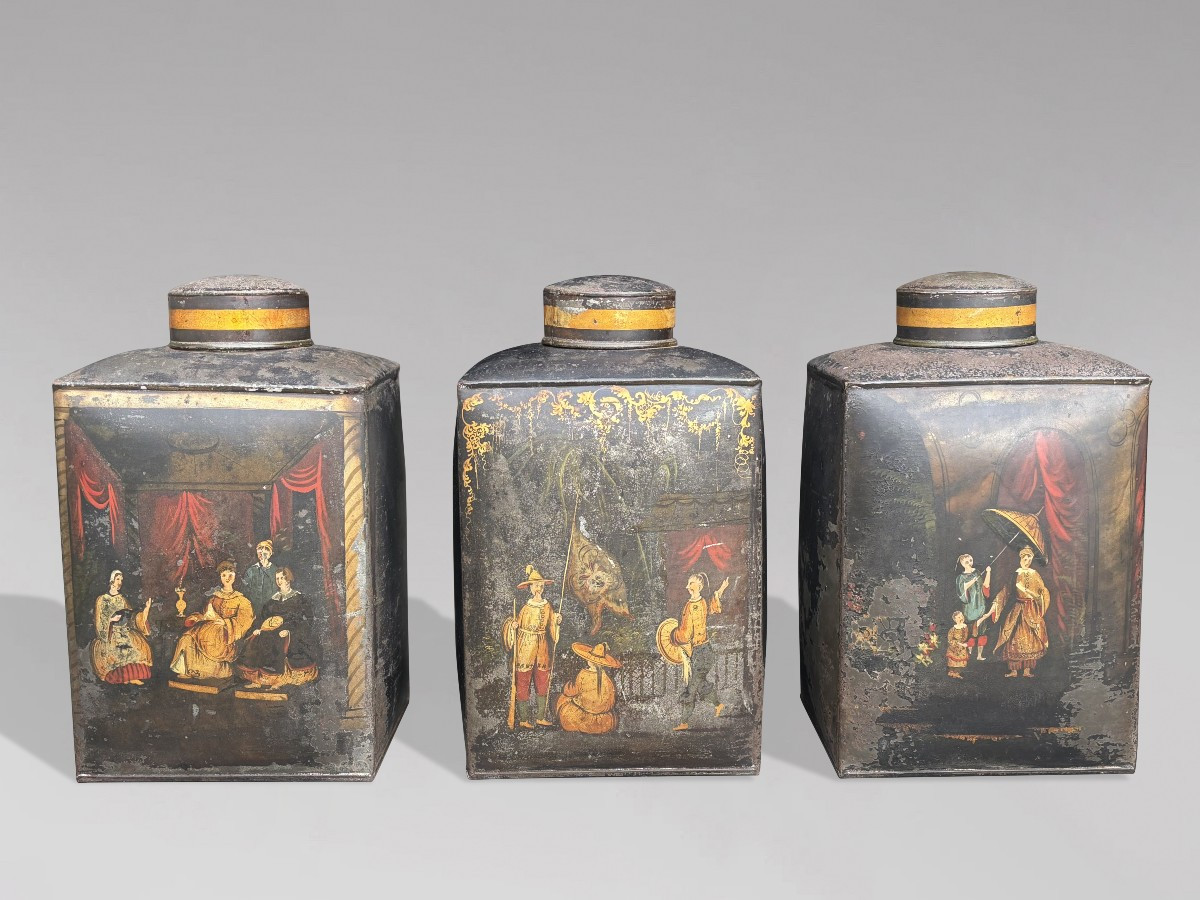 Set Of 3 William IV Period Painted Toleware Shop Tea Canisters