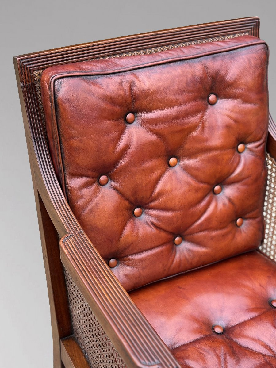 19ème Siècle, Fauteuil de Bibliothèque Regency en Acajou, Cannage et Cuir-photo-5