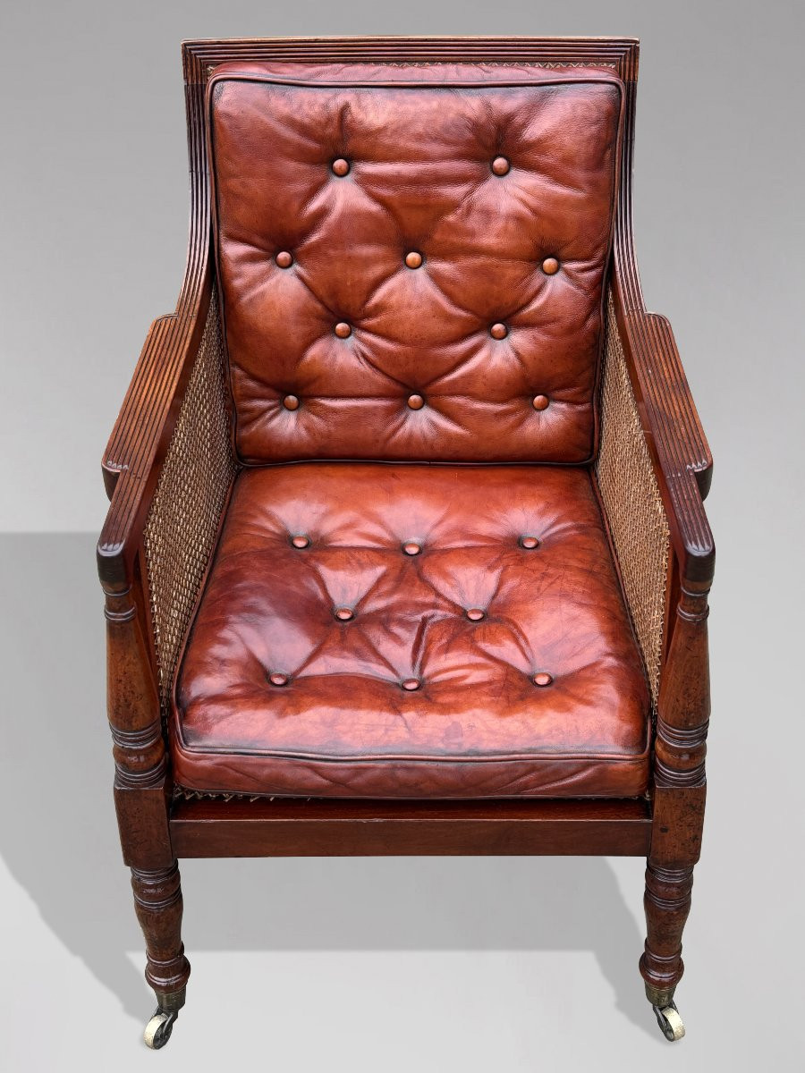 19ème Siècle, Fauteuil de Bibliothèque Regency en Acajou, Cannage et Cuir-photo-7