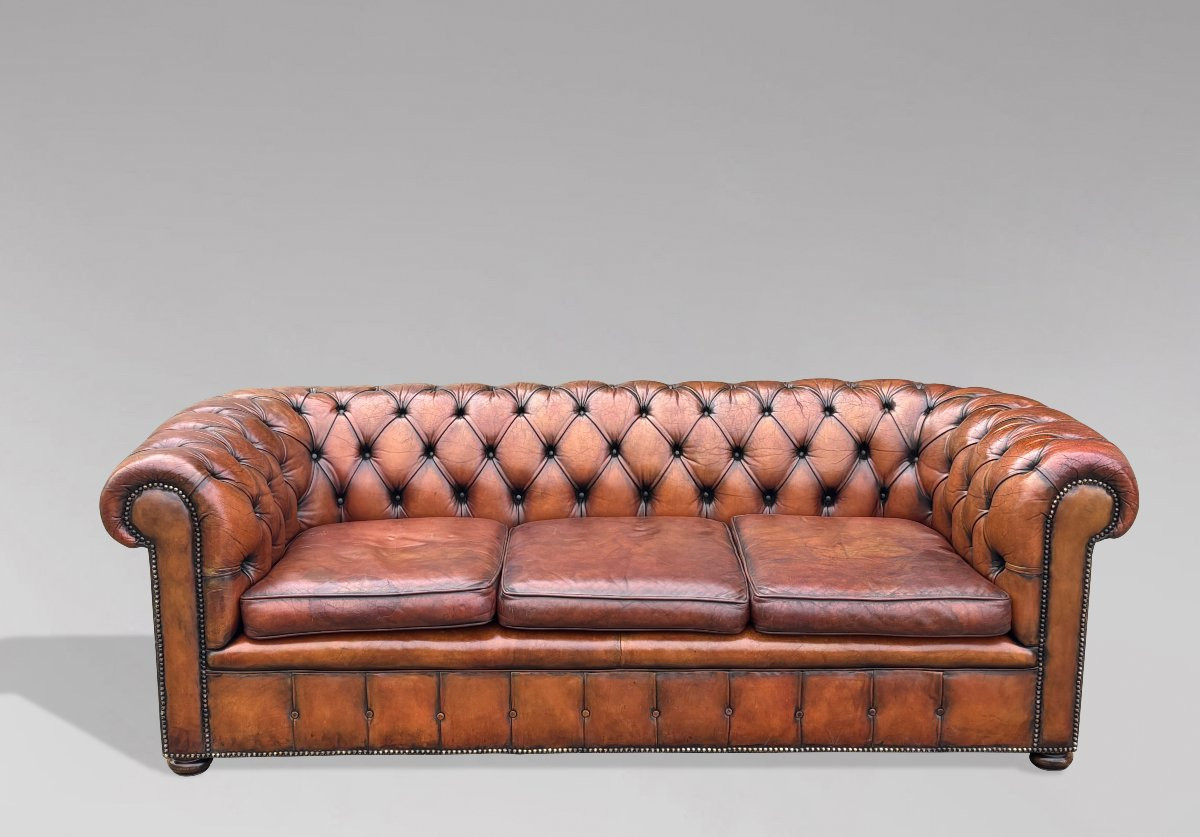  Début 20ème Siècle, Canapé Chesterfield 3 Places en Cuir Brun-photo-2