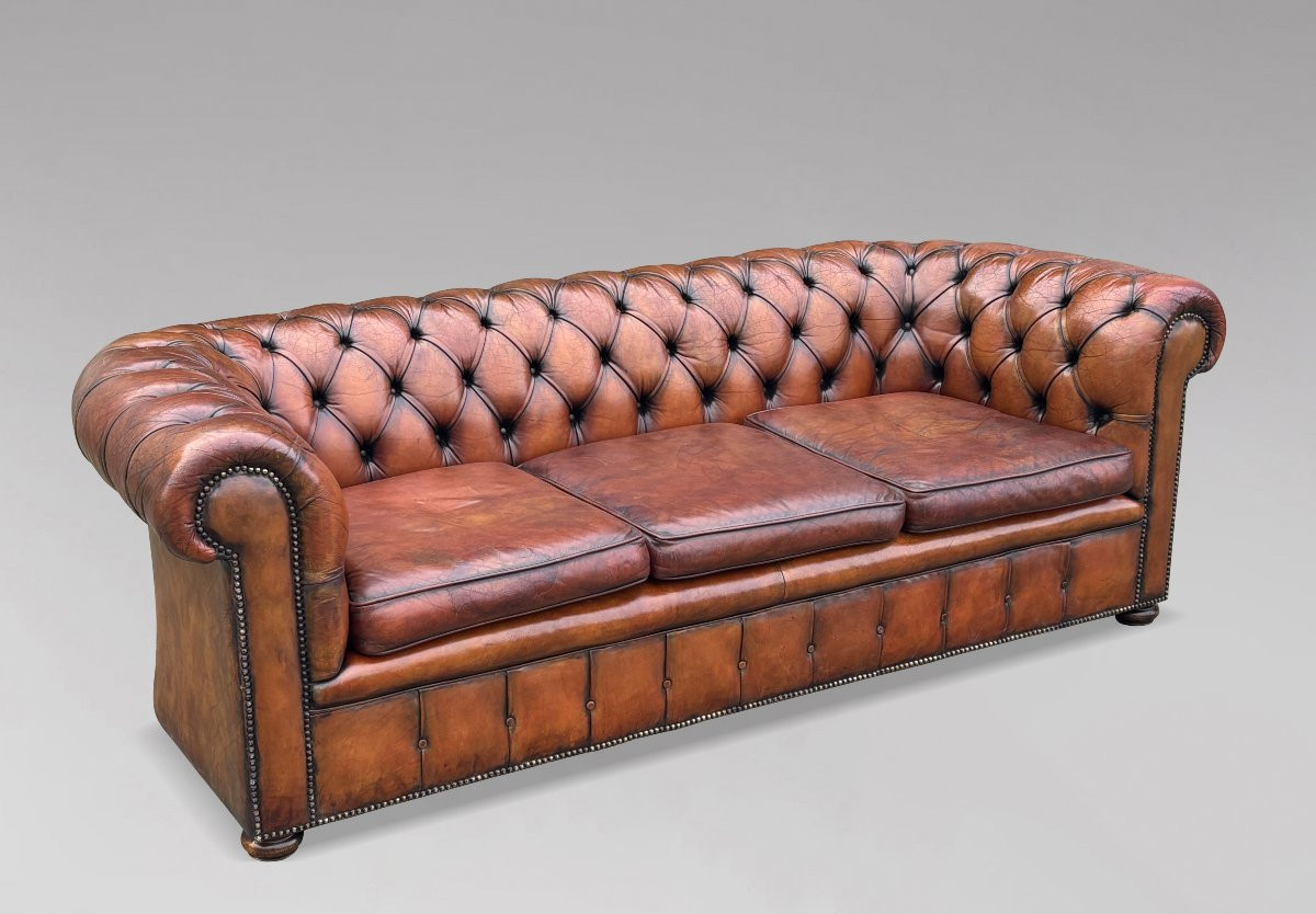  Début 20ème Siècle, Canapé Chesterfield 3 Places en Cuir Brun-photo-3