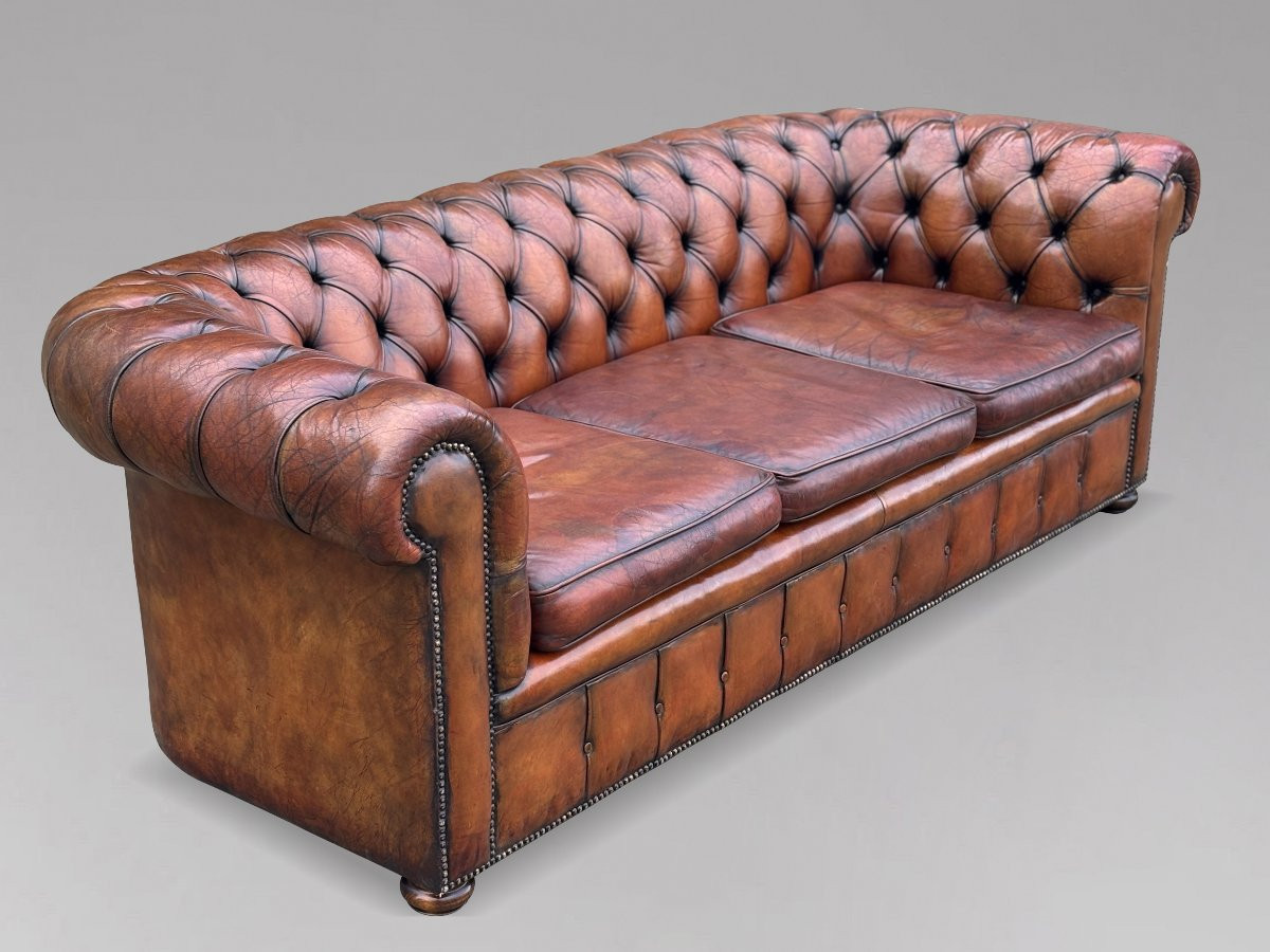  Début 20ème Siècle, Canapé Chesterfield 3 Places en Cuir Brun-photo-4