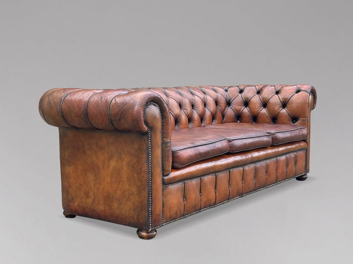  Début 20ème Siècle, Canapé Chesterfield 3 Places en Cuir Brun-photo-5