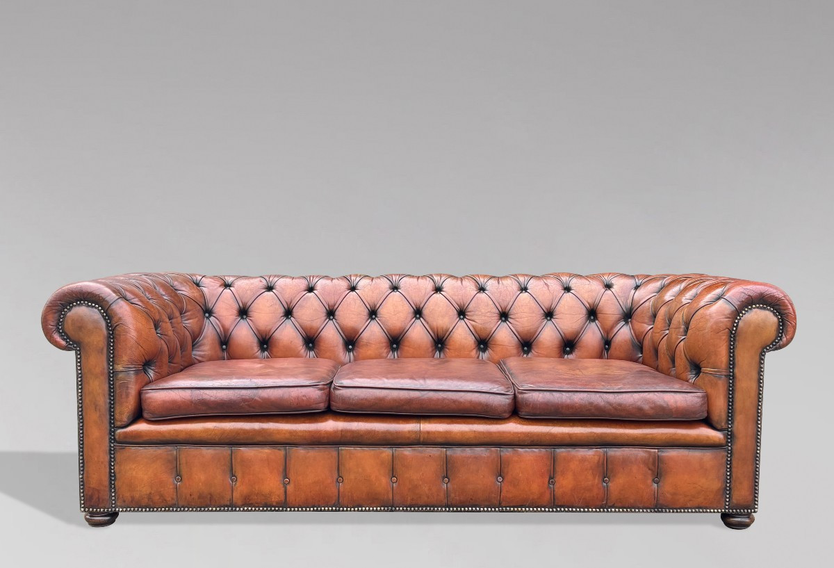  Début 20ème Siècle, Canapé Chesterfield 3 Places en Cuir Brun