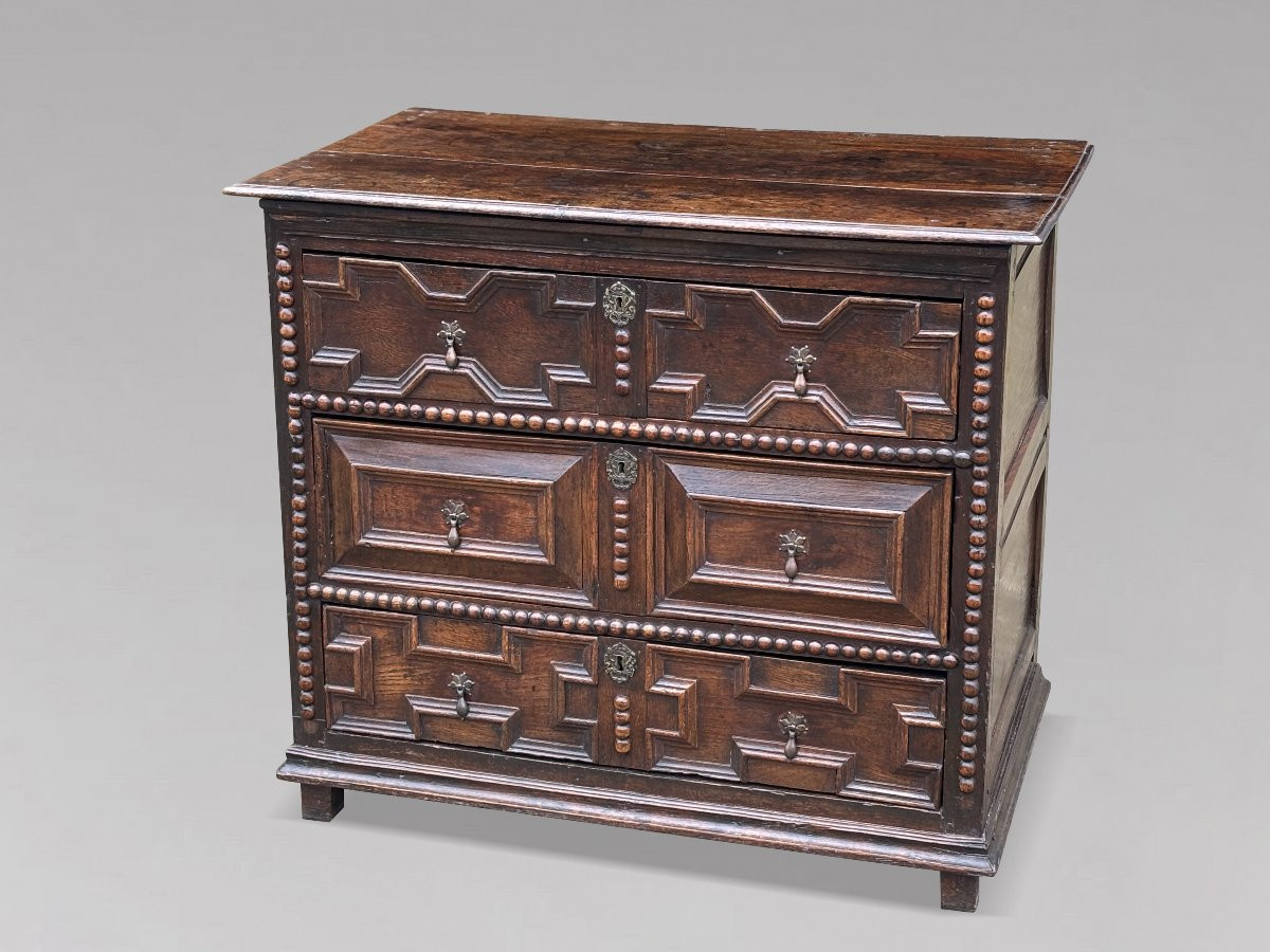 17th Century Charles II Period Jacobean Oak Geometric Chest Of Drawers-photo-1