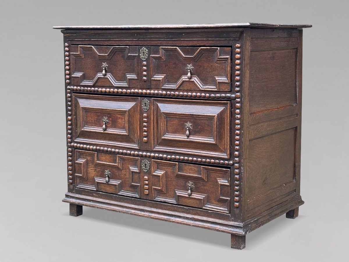 17th Century Charles II Period Jacobean Oak Geometric Chest Of Drawers-photo-2