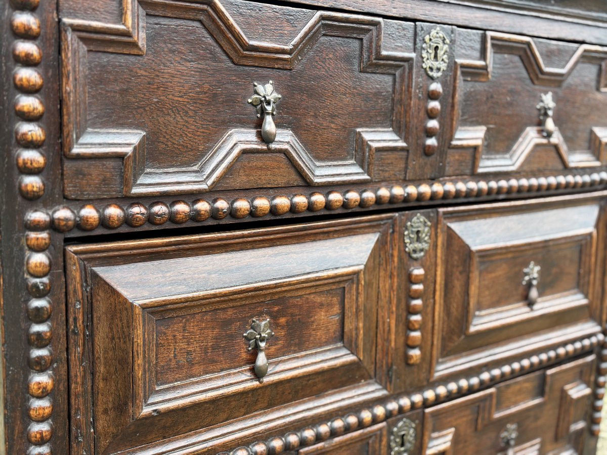 17th Century Charles II Period Jacobean Oak Geometric Chest Of Drawers-photo-3