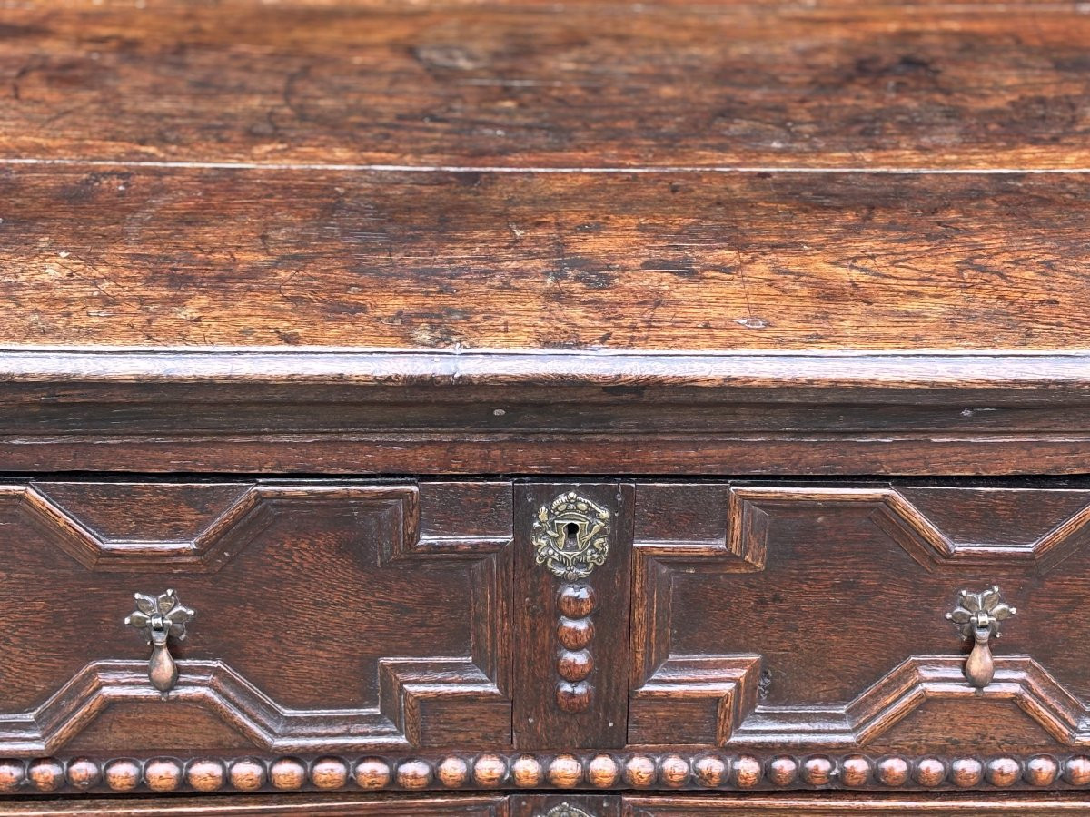 17th Century Charles II Period Jacobean Oak Geometric Chest Of Drawers-photo-5