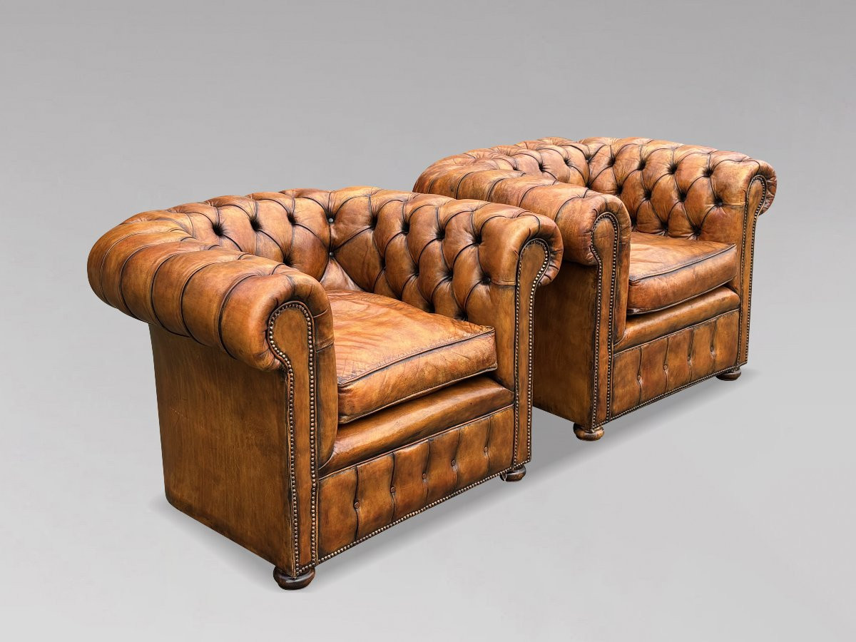 19ème Siècle, Paire de Fauteuils Club Chesterfield en cuir -photo-4