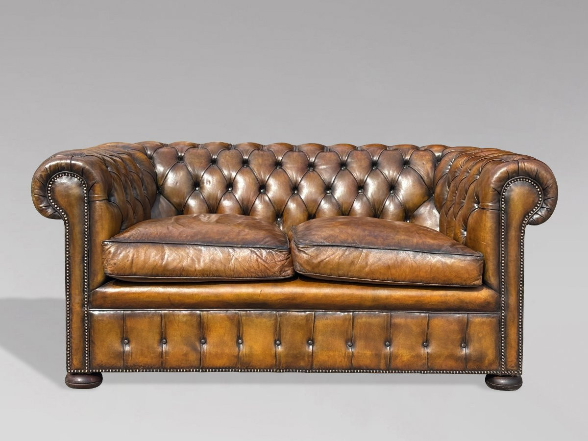 Début 20ème Siècle, Canapé Chesterfield 2 Places en Cuir Brun-photo-2