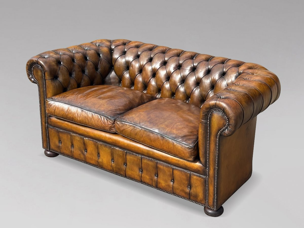 Début 20ème Siècle, Canapé Chesterfield 2 Places en Cuir Brun-photo-3