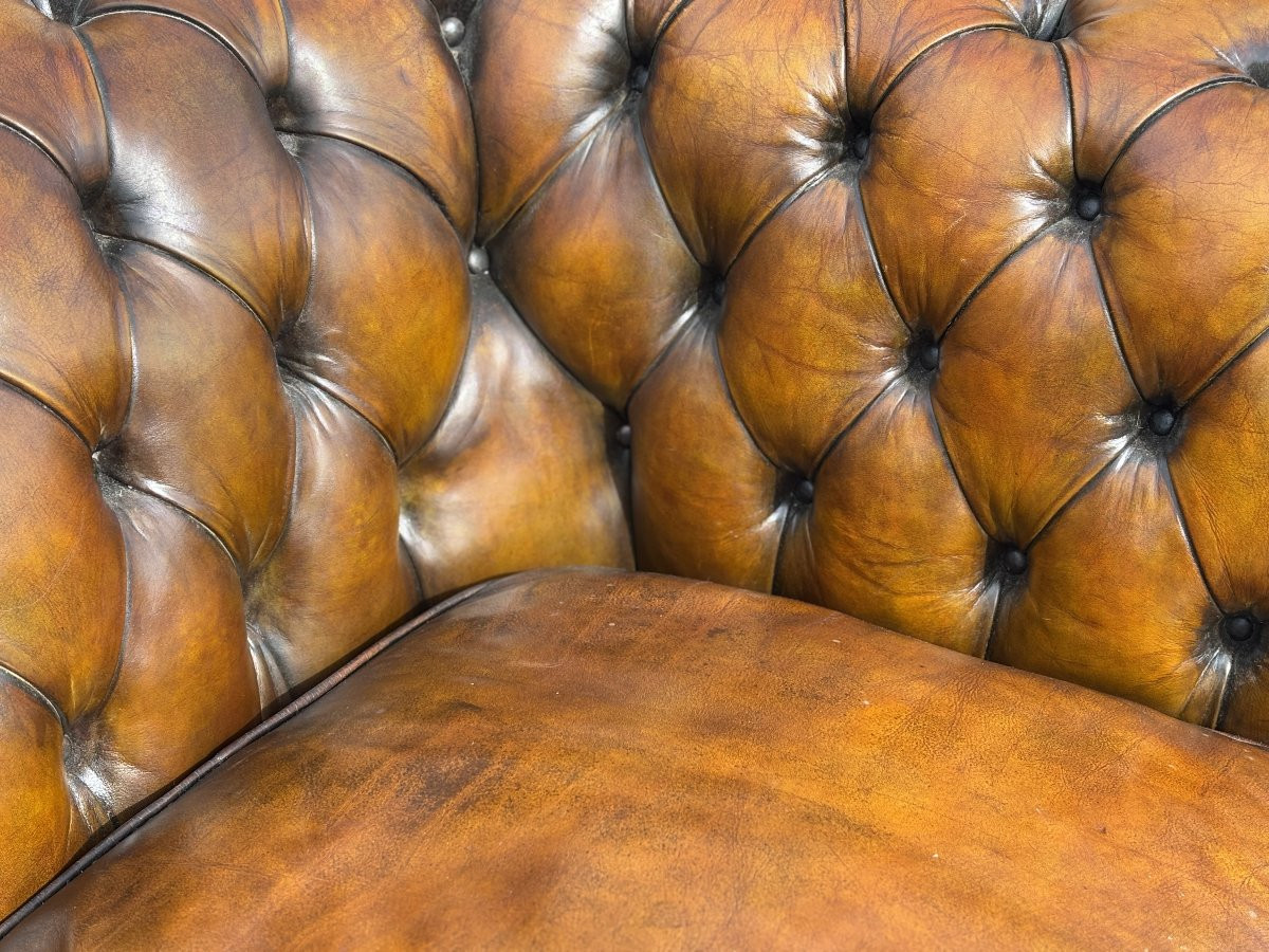 Début 20ème Siècle, Canapé Chesterfield 2 Places en Cuir Brun-photo-1