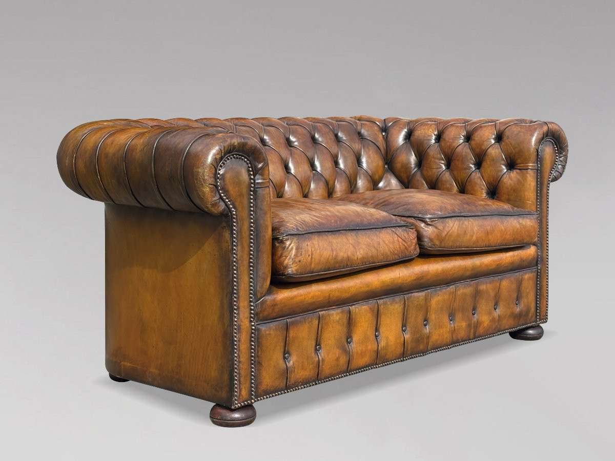 Début 20ème Siècle, Canapé Chesterfield 2 Places en Cuir Brun-photo-4