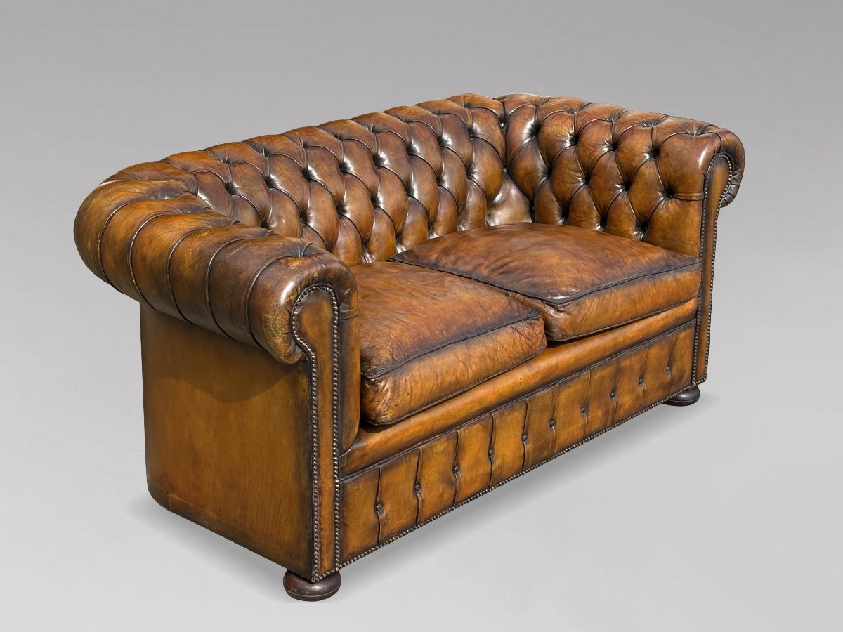 Début 20ème Siècle, Canapé Chesterfield 2 Places en Cuir Brun-photo-5