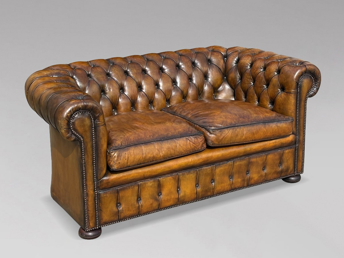 Début 20ème Siècle, Canapé Chesterfield 2 Places en Cuir Brun