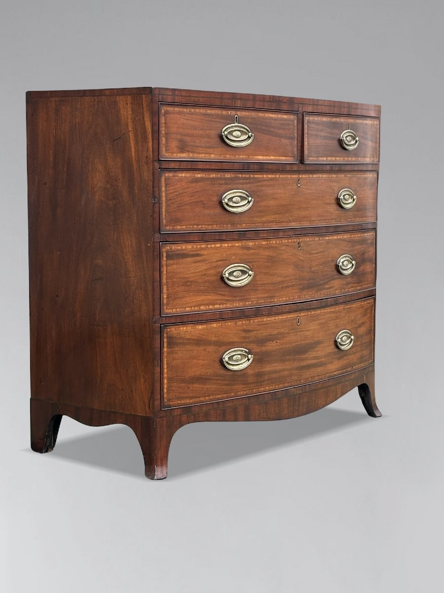 19th Century Bow Front Mahogany & Inlay Chest Of Drawers-photo-3