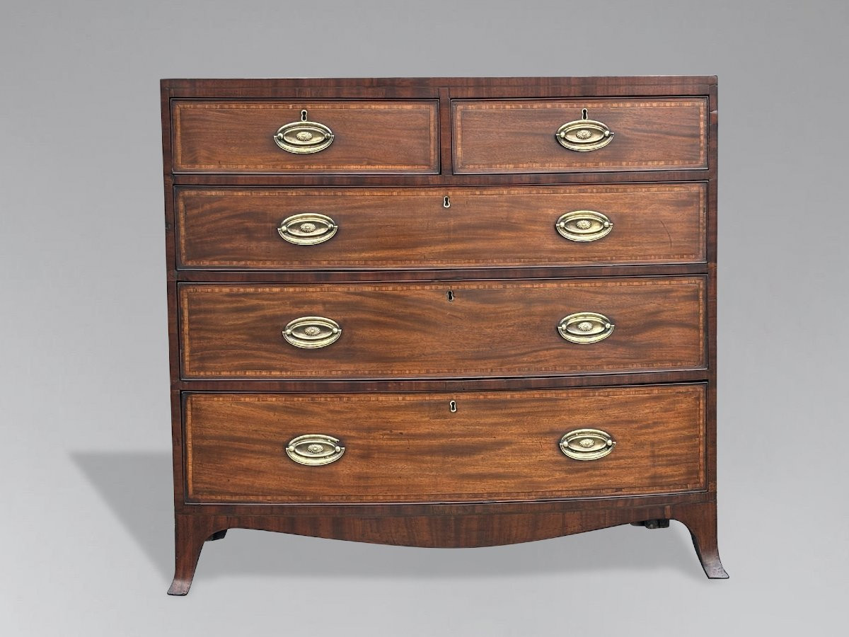 19th Century Bow Front Mahogany & Inlay Chest Of Drawers-photo-4
