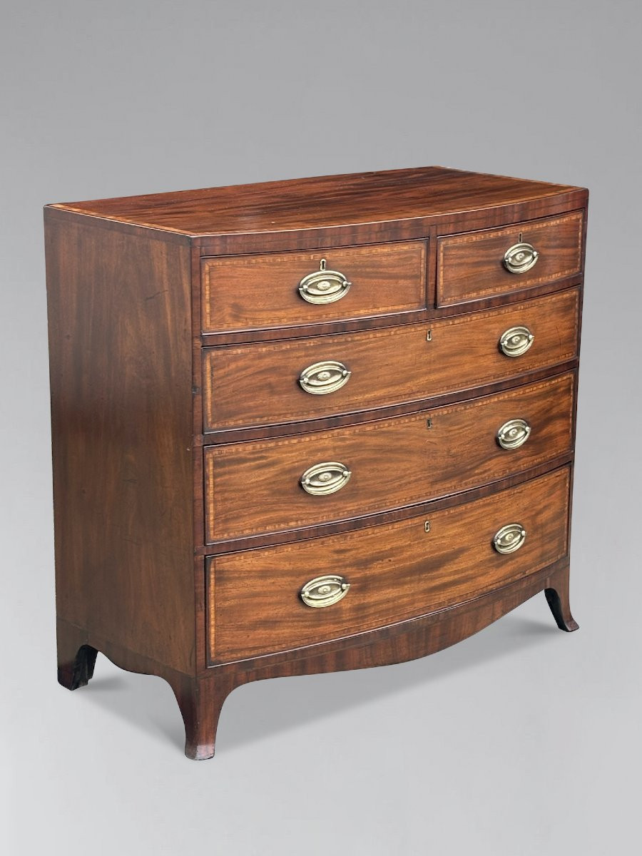 19th Century Bow Front Mahogany & Inlay Chest Of Drawers-photo-6