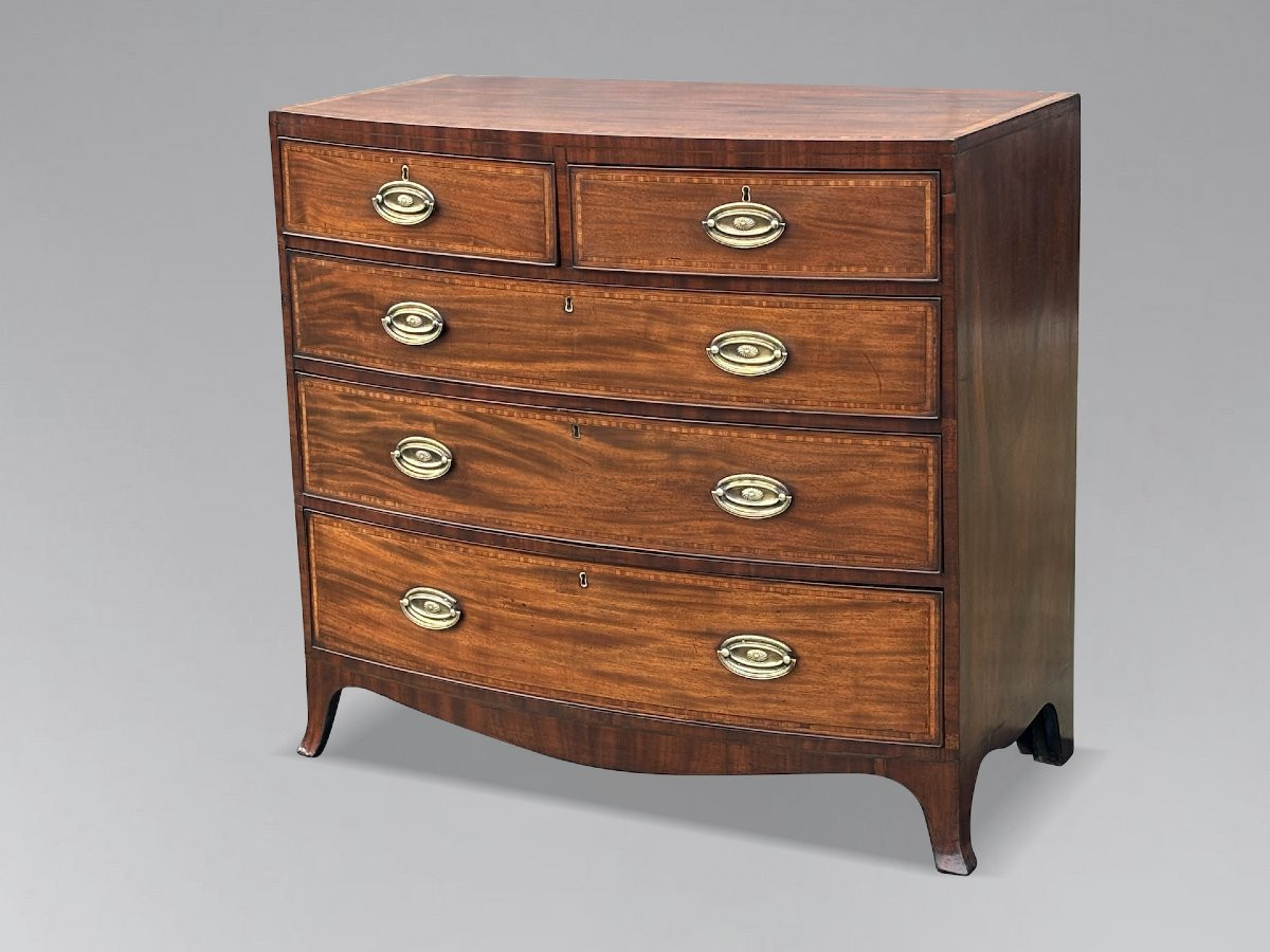 19th Century Bow Front Mahogany & Inlay Chest Of Drawers-photo-8