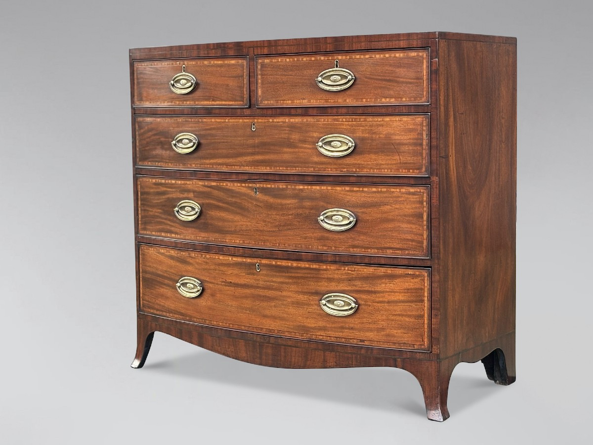 19th Century Bow Front Mahogany & Inlay Chest Of Drawers