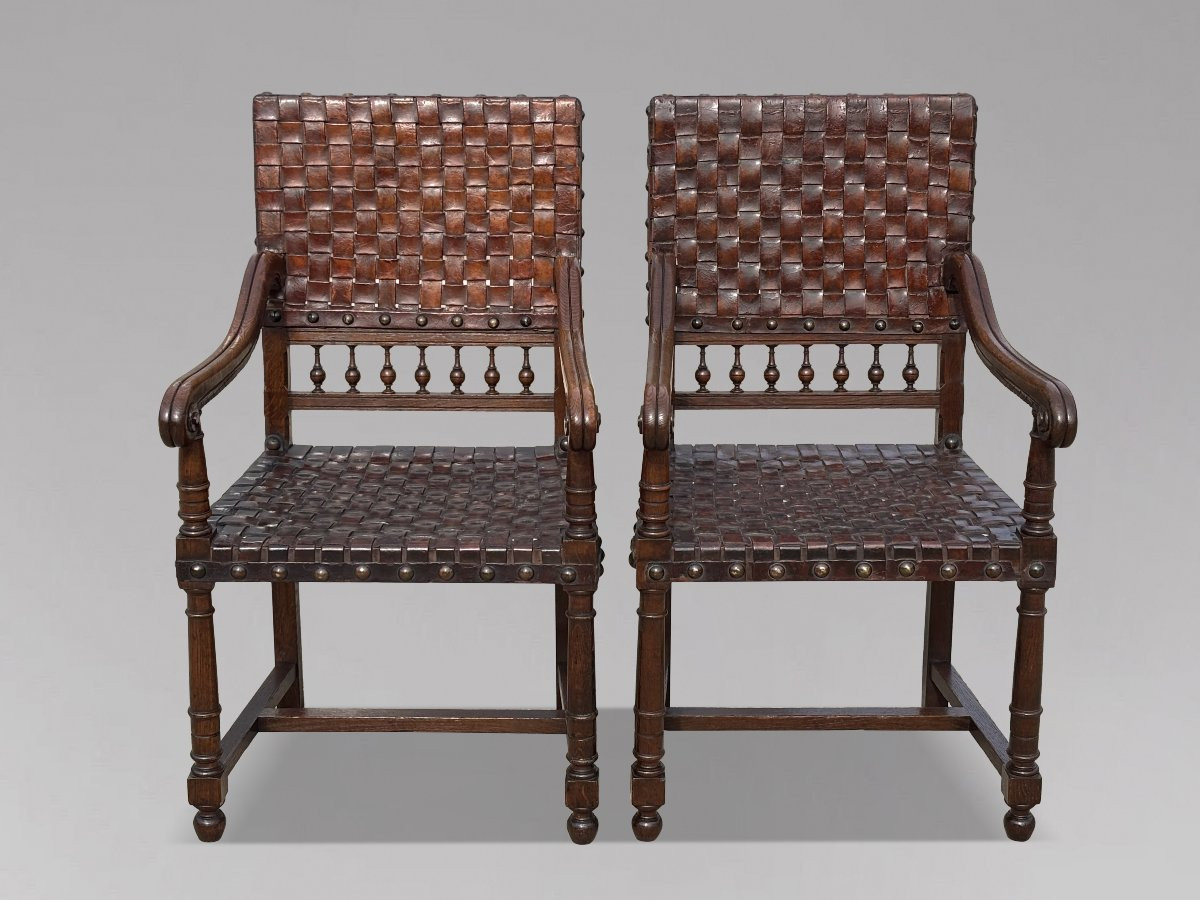 19ème Siècle, Paire de Fauteuils en Chêne et Cuir Tressé -photo-2